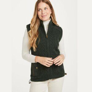ARAN WOOLEN MILLS Castlehill Cable Knit Gilet Vest Fleece Collar Green Womens XS